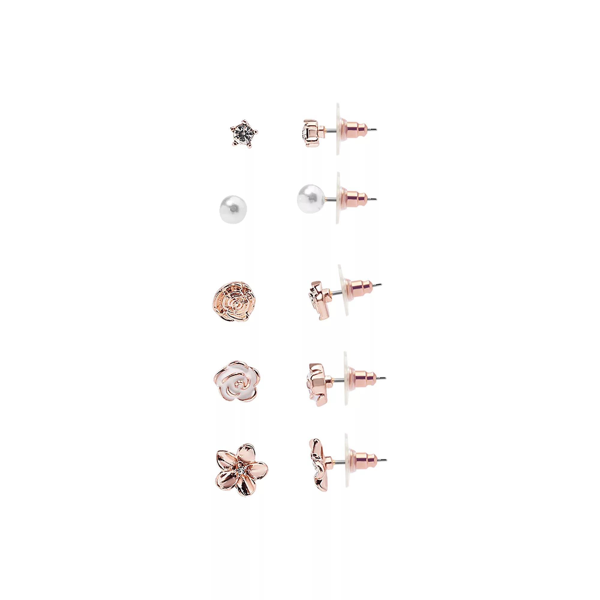 LC Lauren Conrad Rose Gold Tone 5-Pack Rose & Faux Pearl Post Earrings Set, Women's, White Product Image
