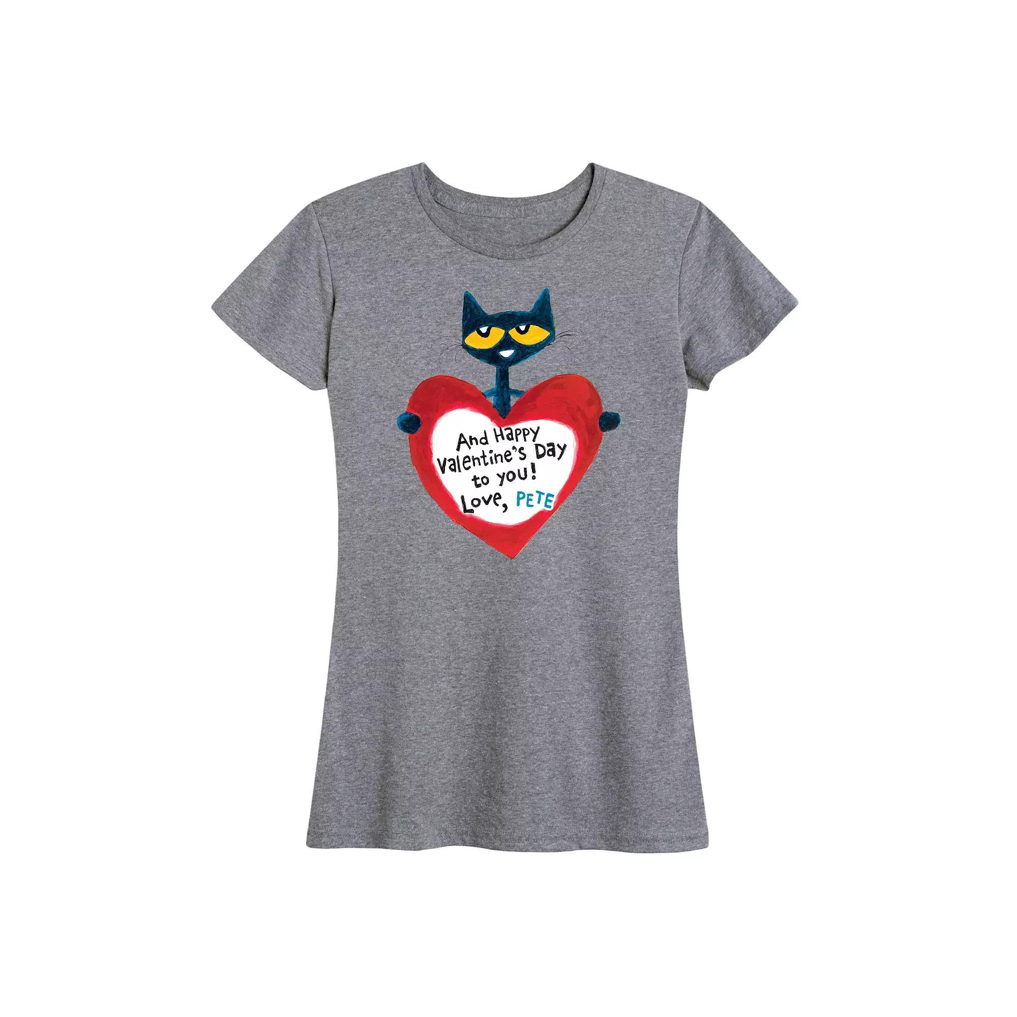 Womens Pete The Cat Pete Valentine Heart Graphic Tee Grey Gray Product Image