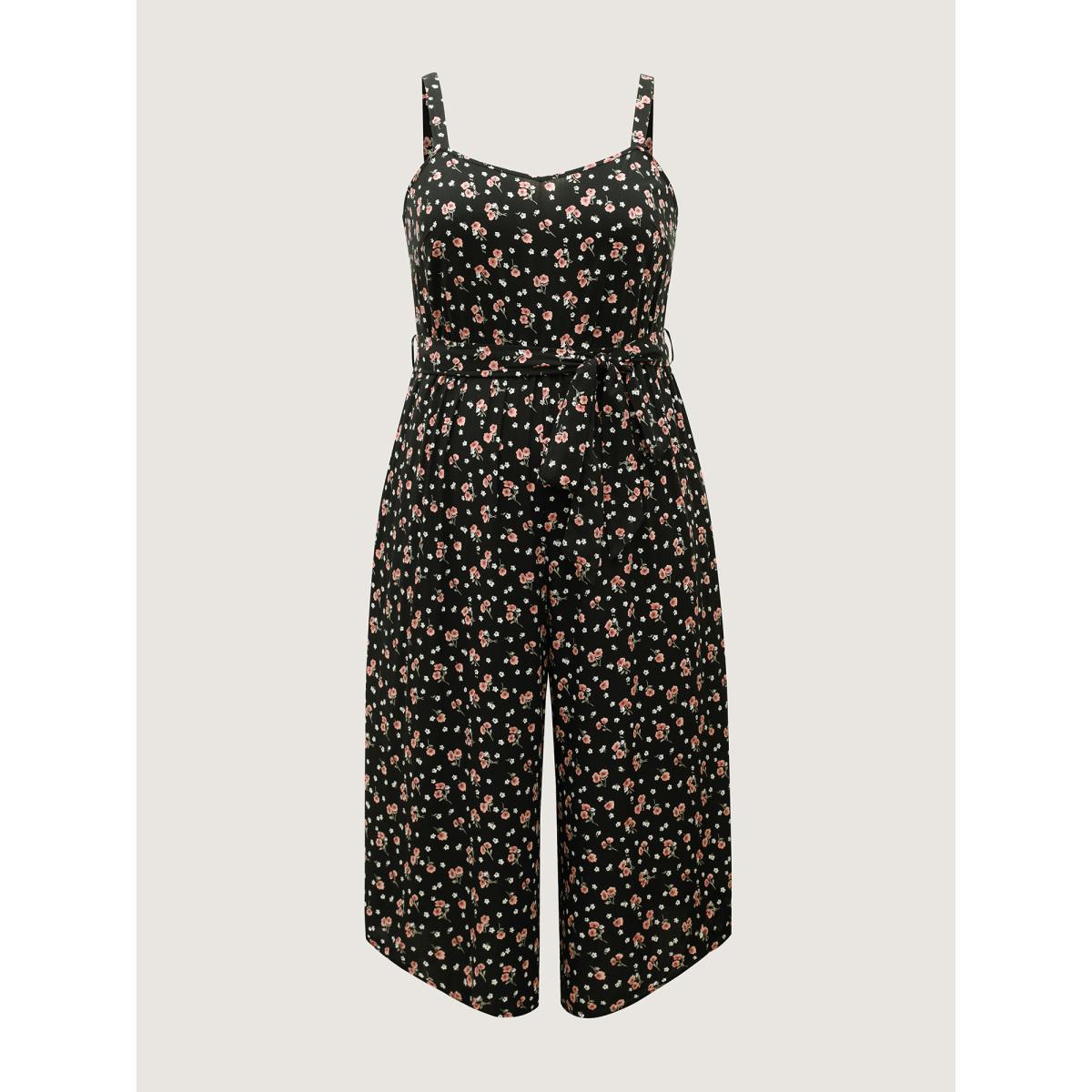 Plus Size Black Romantic Florals Belted Pockets Jumpsuit Women Sleeveless Heart neckline Everyday-Casual Loose Jumpsuits BloomChic 14-16/1X Product Image