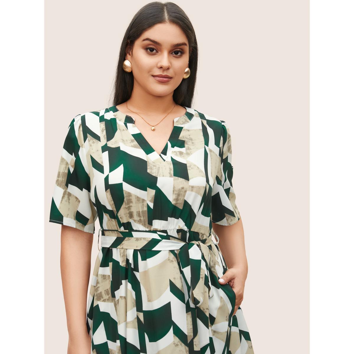 Plus Size Geometric Pocket Flat Collar With V Notch Dress DarkGreen Women At the Office Belted Flat collar with V-notch Short sleeve Curvy Midi Dress BloomChic 30/6X Product Image
