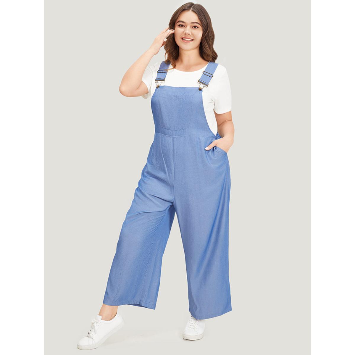 Plus Size Stone Solid Patched Pocket Gathered Overall Jumpsuit Women Casual Sleeveless Spaghetti Strap Dailywear Loose Jumpsuits BloomChic 10/M Product Image
