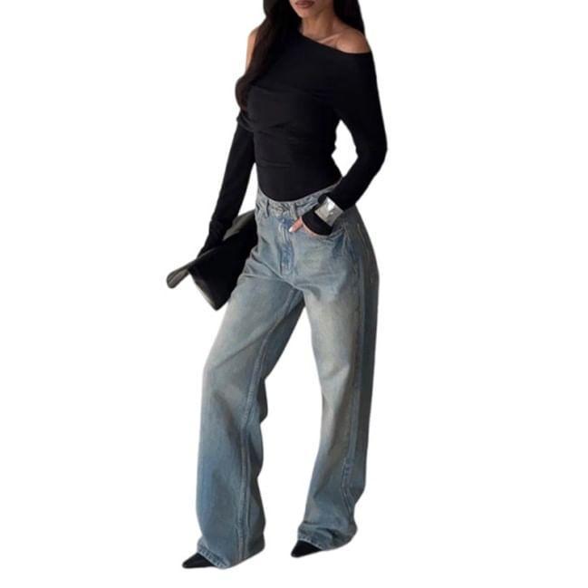 Long-Sleeve Cold Shoulder Plain Top Product Image