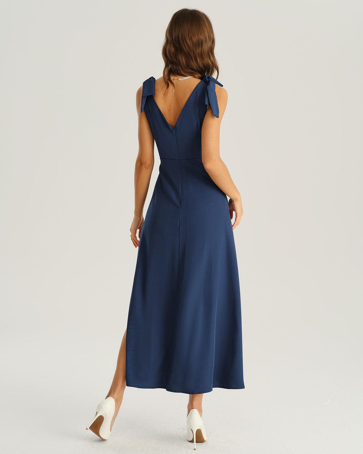 Navy Ruched Wrap A-Line Maxi Dress Product Image