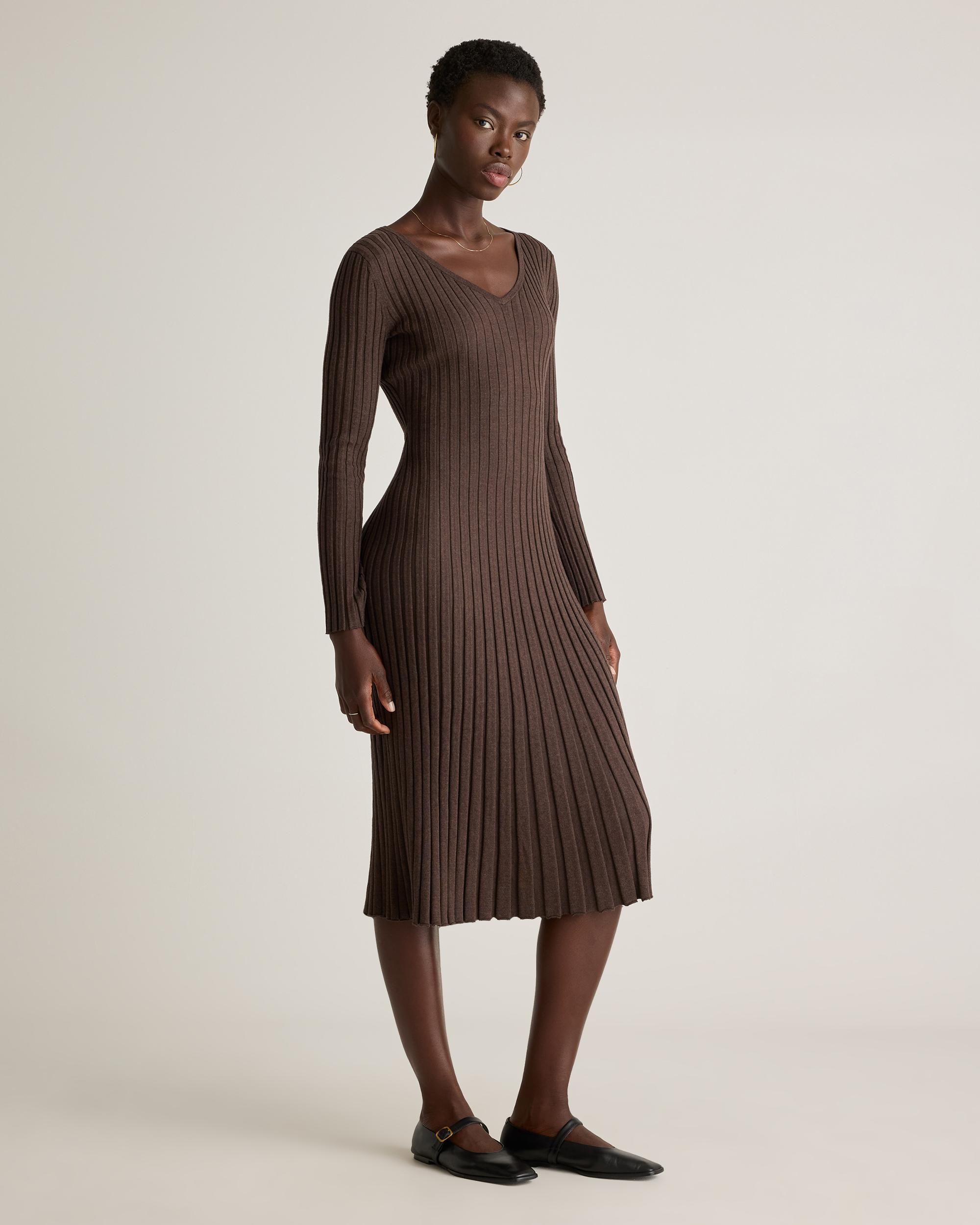 Quince | Women's Cotton Cashmere Ribbed Long Sleeve V-Neck Midi Dress Size XL Product Image