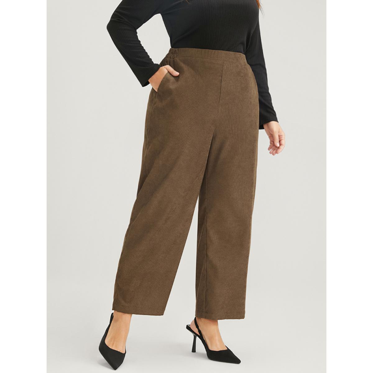 Plus Size Solid Pocket Elastic Waist Corduroy Pants Women Tan Office Mid Rise Work Pants BloomChic 30/6X Product Image