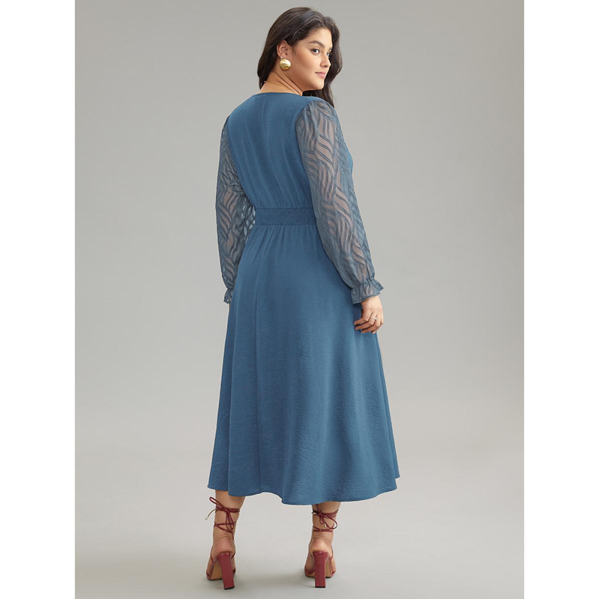 Plus Size Graphic Mesh Patchwork Pocket Split Side Dress Cerulean Women Elegant Wrap Overlap Collar Long Sleeve Curvy Midi Dress BloomChic 26/4X Product Image