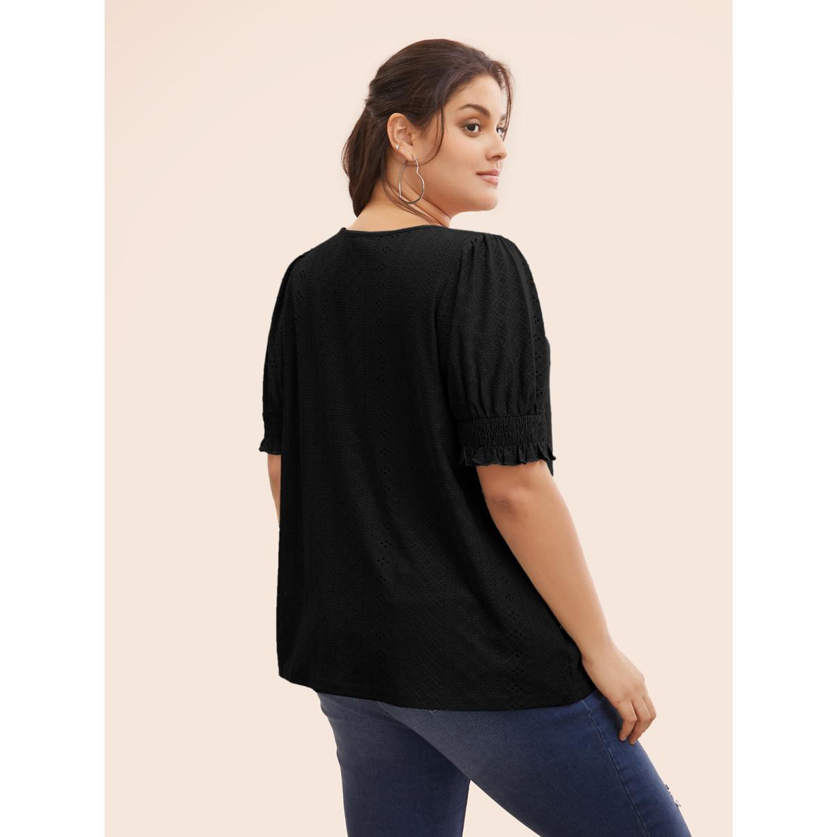 Plus Size Plain Broderie Anglaise Shirred Puff Sleeve Button Detail T-shirt Black Women Casual Button Plain V-neck Everyday T-shirts BloomChic 12/L Product Image