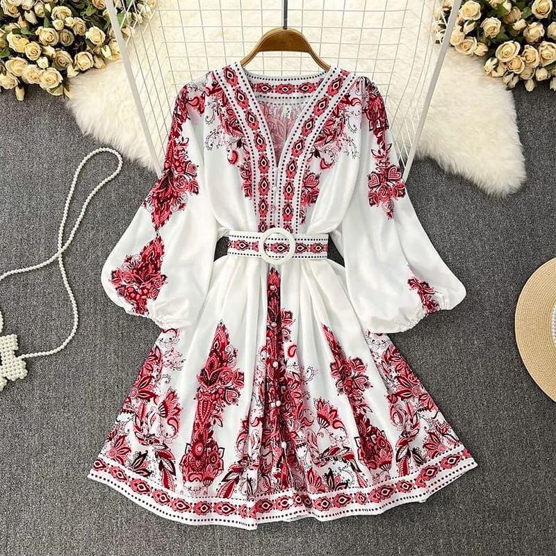 Puff-Sleeve V-Neck Print A-Line Tunic Dress Product Image