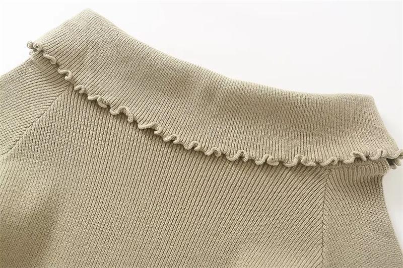 Long Sleeve Boat Neck Plain Frill Asymmetrical Knit Top Product Image