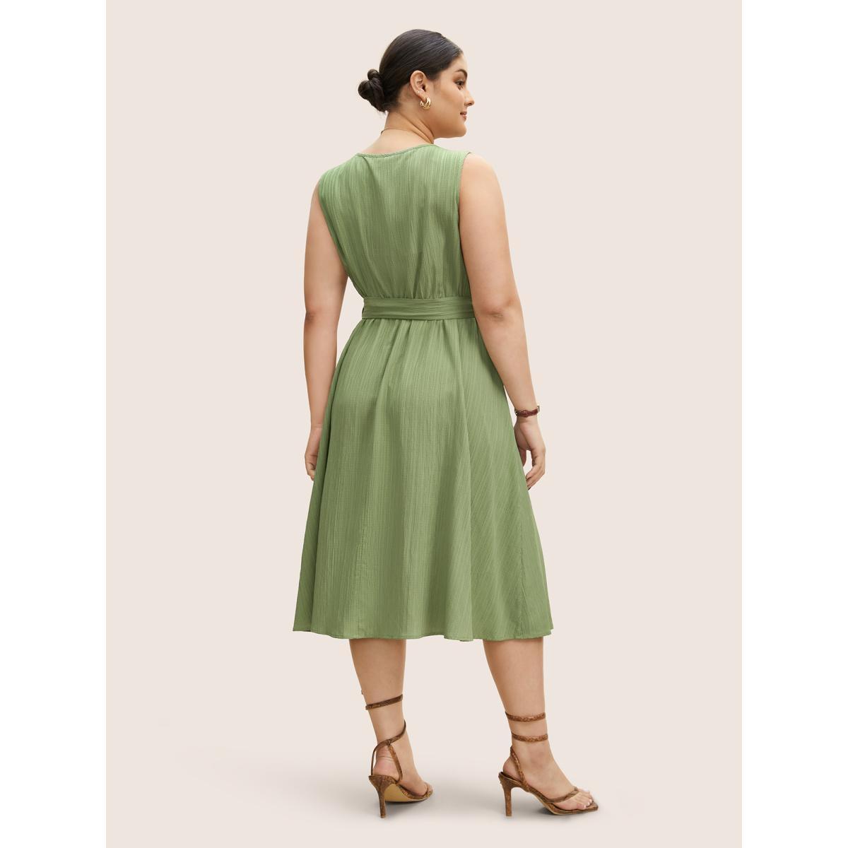 Plus Size Plain Textured Crew Neck Button Detail Midi Dress Palemauve Women Work From Home Belted Round Neck Sleeveless Curvy BloomChic 28/5X Product Image