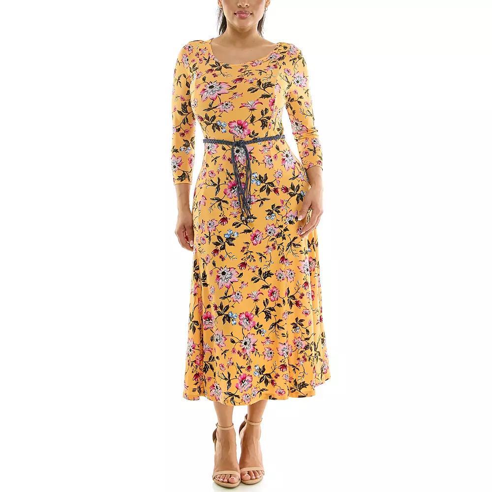 Women's Nina Leonard Sylvia Three-Quarter Sleeve Belted Midi Dress, Size: Small, Sunflower Team Product Image