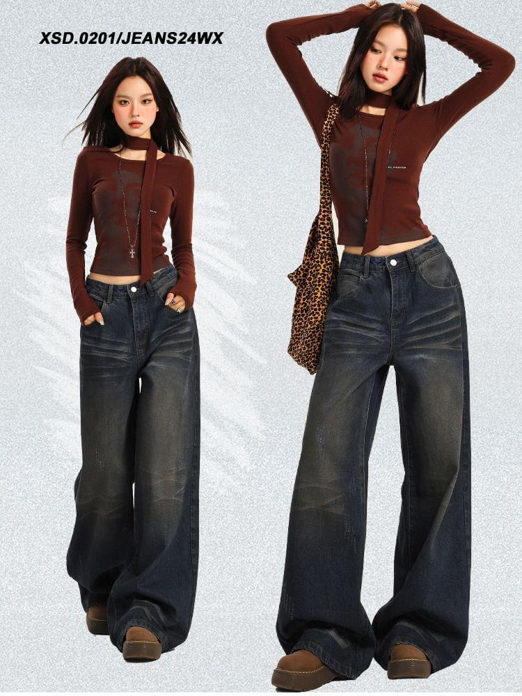 High Rise Washed Wide Leg Jeans (Various Designs) Product Image
