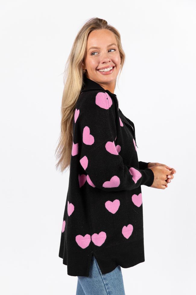 Pulling Heartstrings Black and Pink Heart Print Quarter Zip Pullover FINAL SALE Product Image
