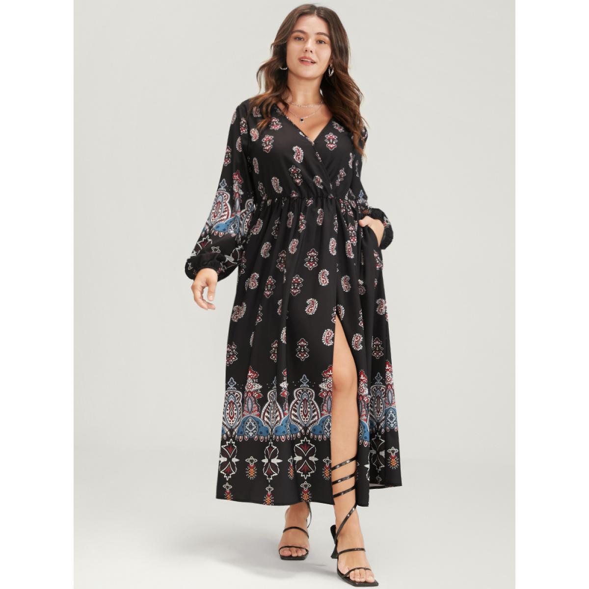 Plus Size Paisley Pocket Split Wrap Maxi Dress Black Women Vacation Pocket V-neck Long Sleeve Curvy Long Dress BloomChic 18-20/2X Product Image