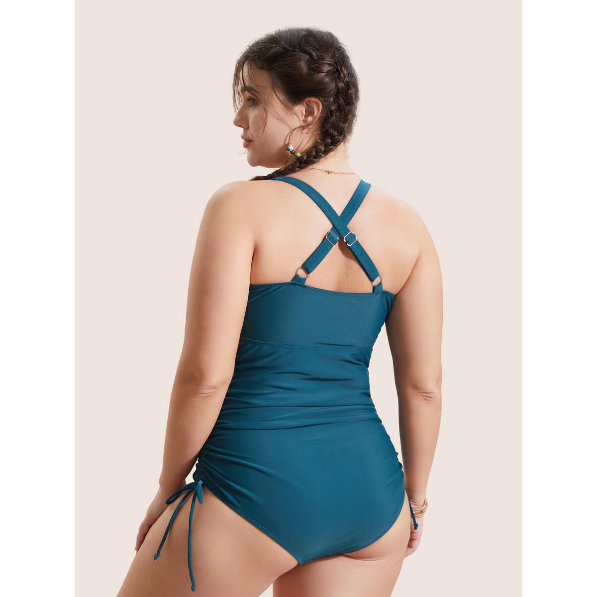 Plus Size Plain Ruched Crossover Drawstring One Piece Swimsuit Women's Swimwear Cyan Beach Twist Curve Bathing Suits High stretch One Pieces BloomChic 28/5X Product Image
