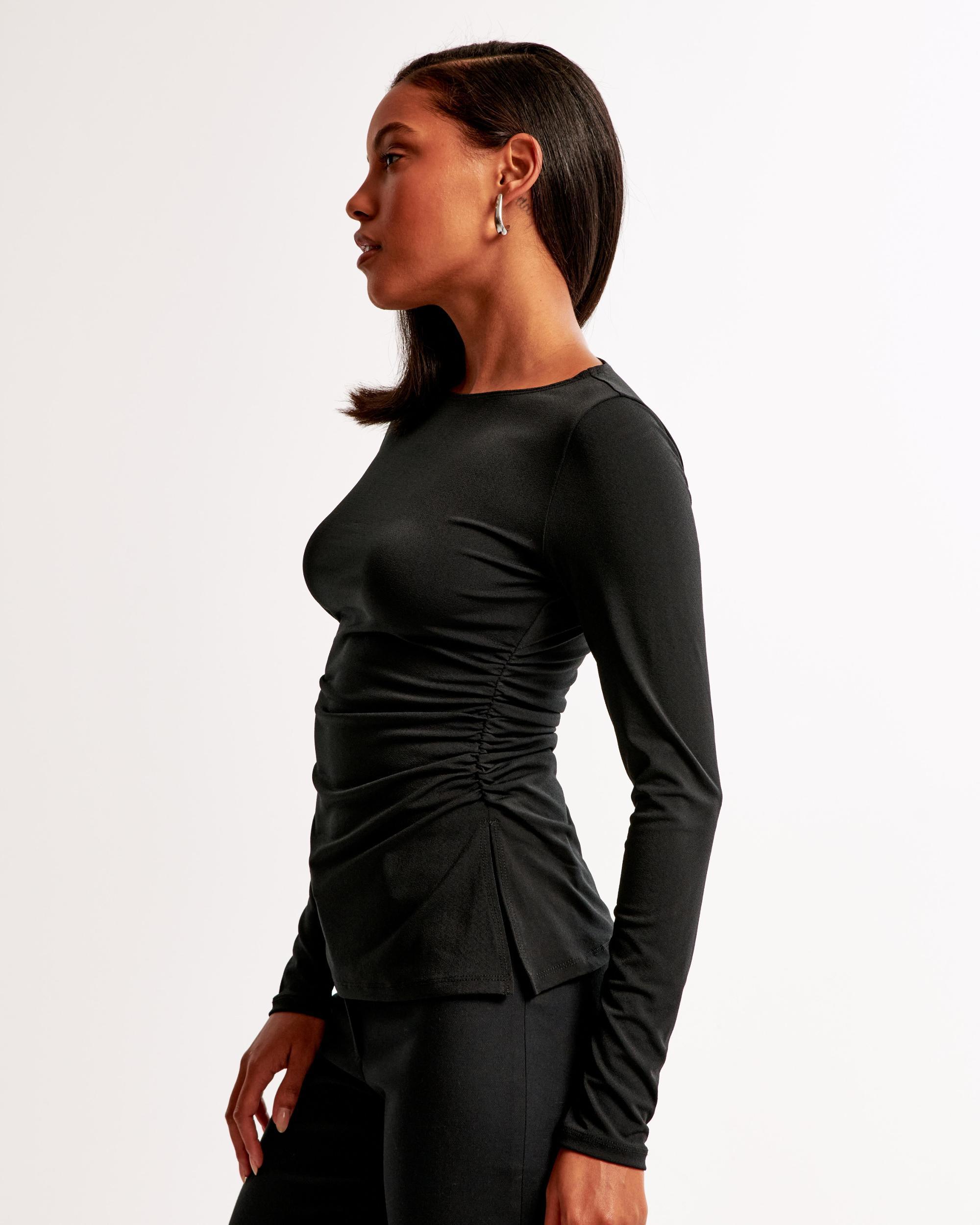 Long-Sleeve Stretch Crepe Slash Top Product Image