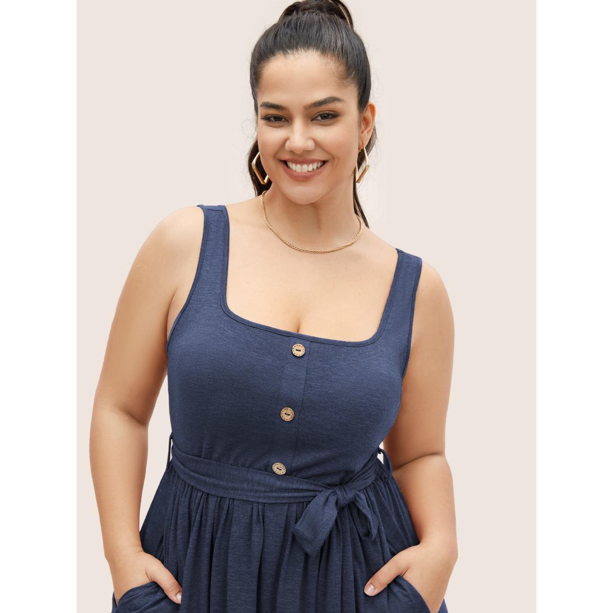 Plus Size Supersoft Essentials Button Detail Belted Gathered Dress DarkBlue Women Casual Gathered Square Neck Sleeveless Curvy Midi Dress BloomChic 28/5X Product Image