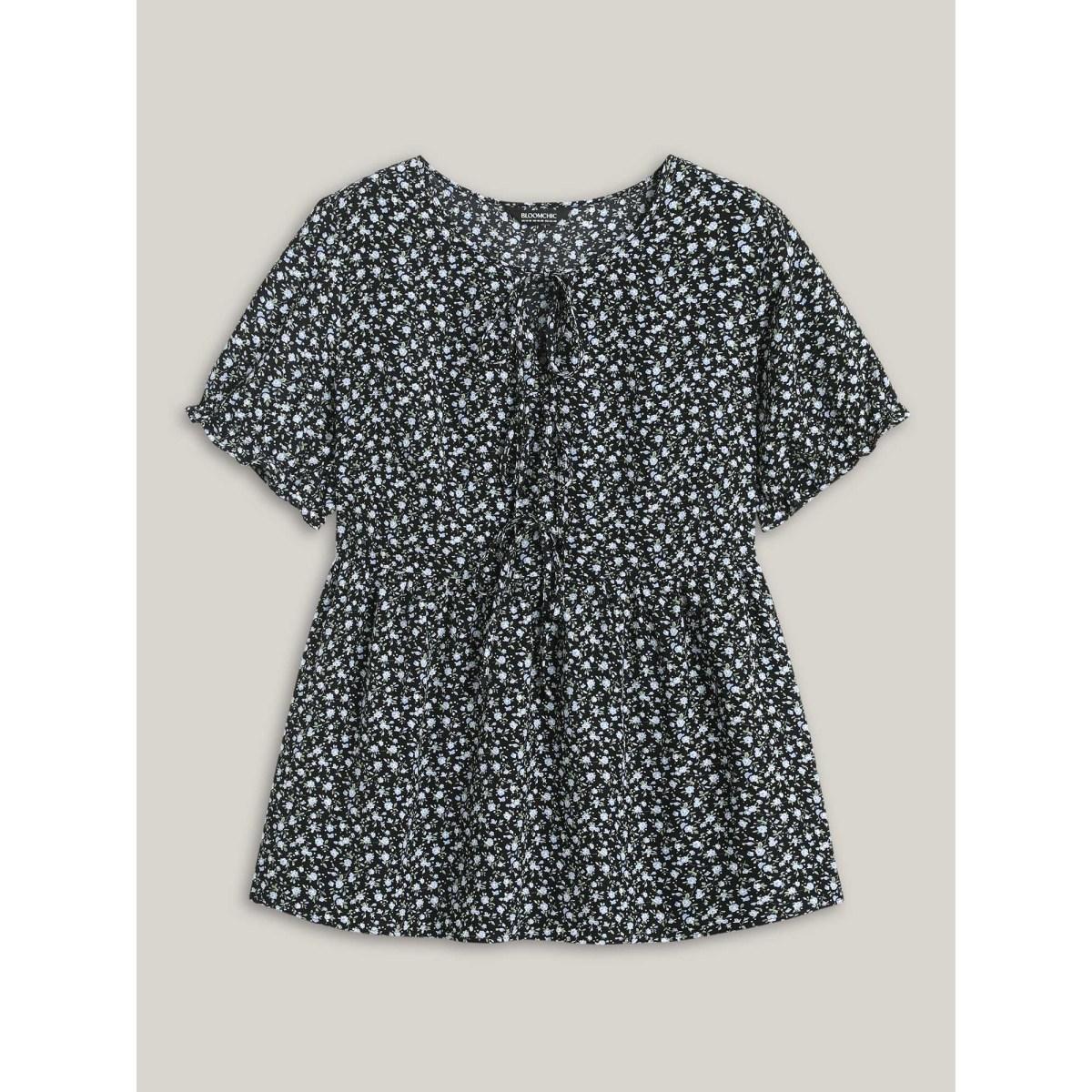Plus Size Black Ditsy Floral Print Bow-Tie Blouse Women Short sleeve Round Neck Everyday-Elegant Blouses BloomChic 14-16/1X Product Image