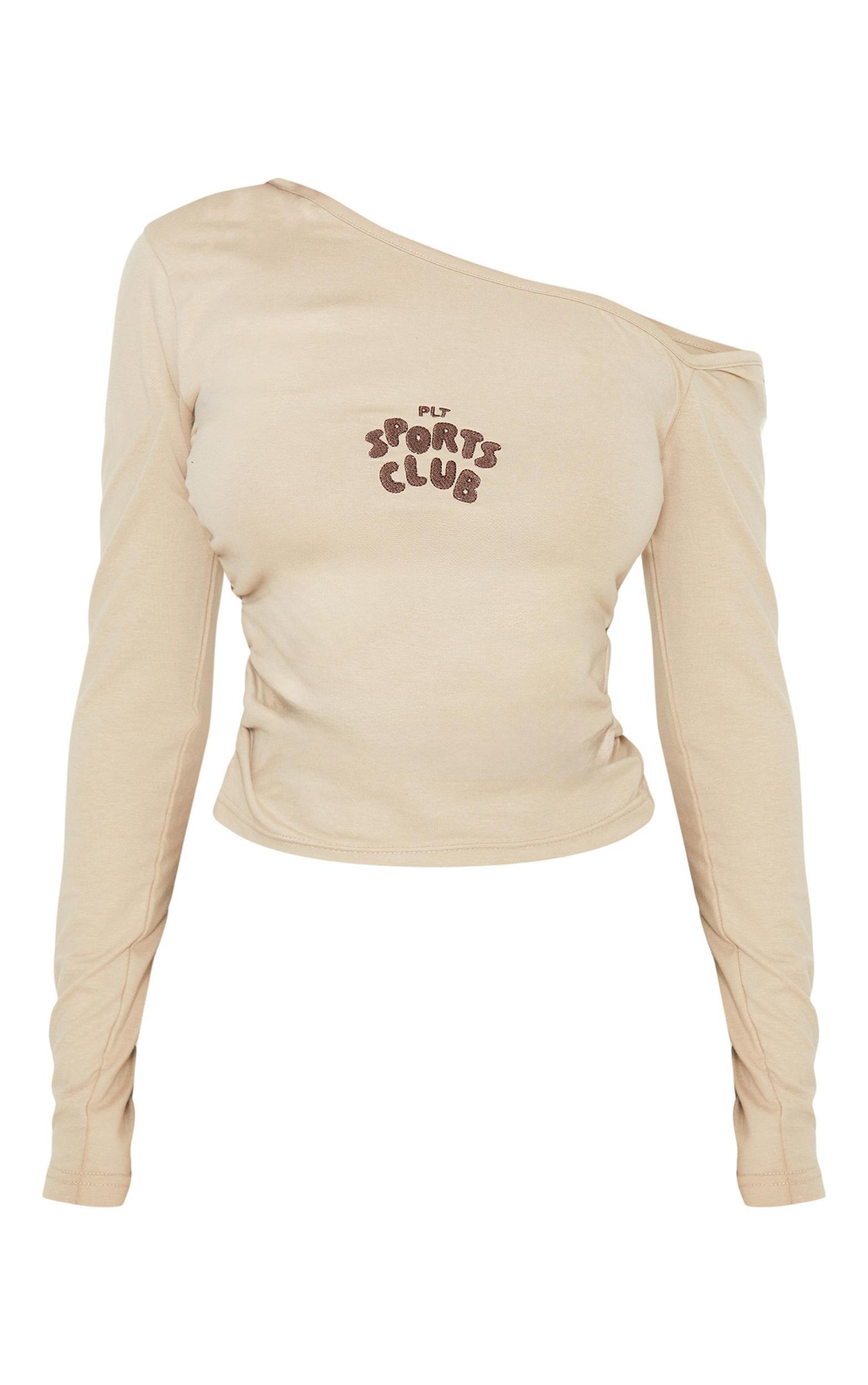 Petite Stone Long Sleeve Scoop Logo Ruched Top Product Image