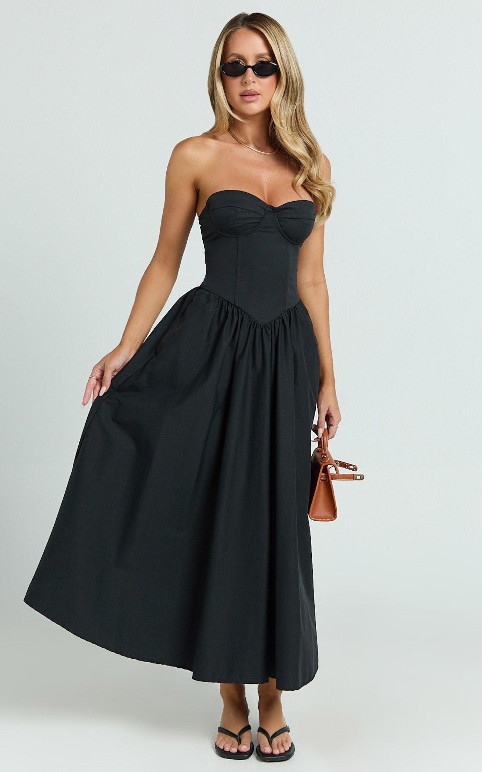 Daria Midi Dress - Strapless Corset Gathered Dress in Black Product Image