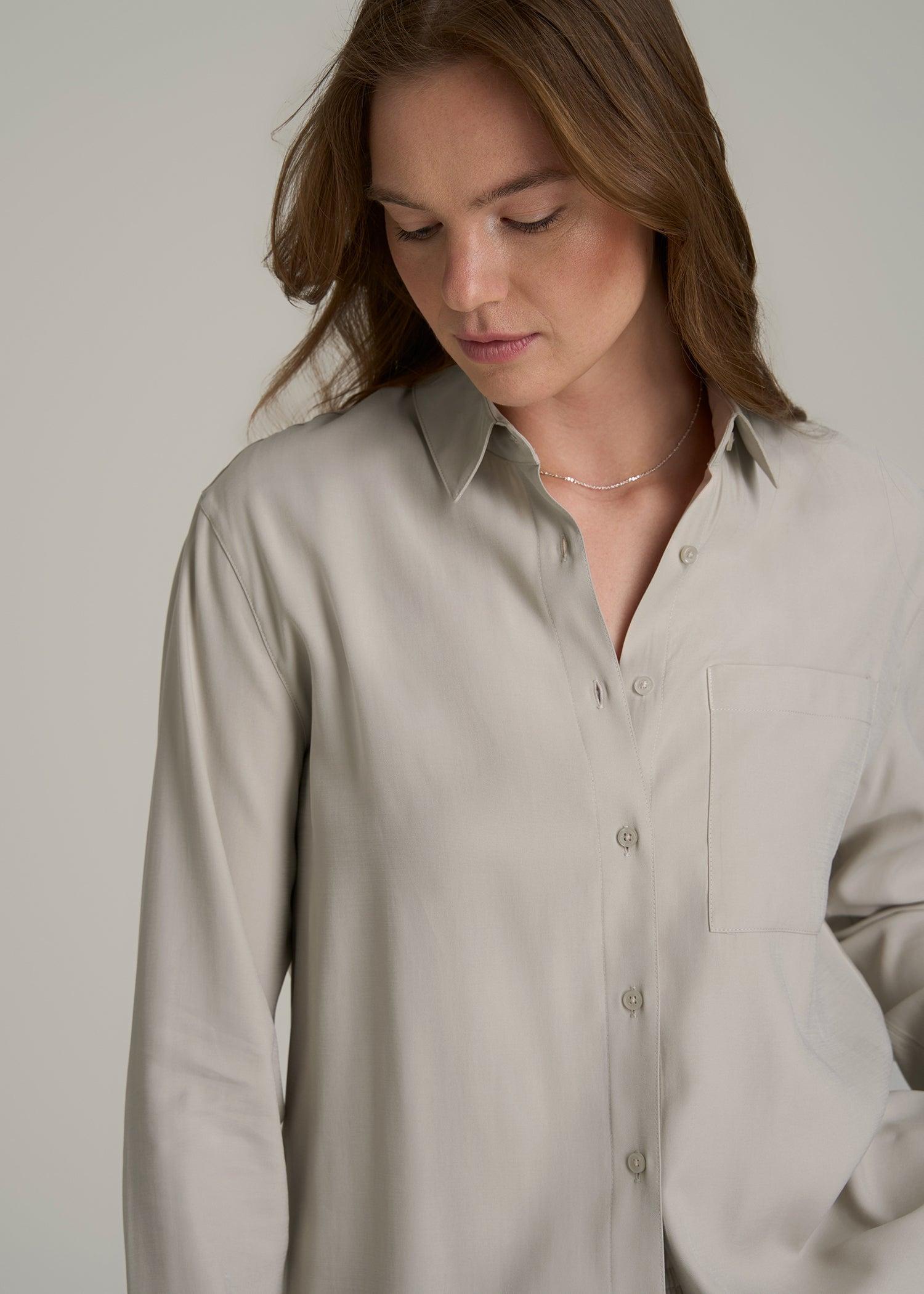 Relaxed Button-Up Single-Pocket Blouse for Tall Women in Stone Product Image