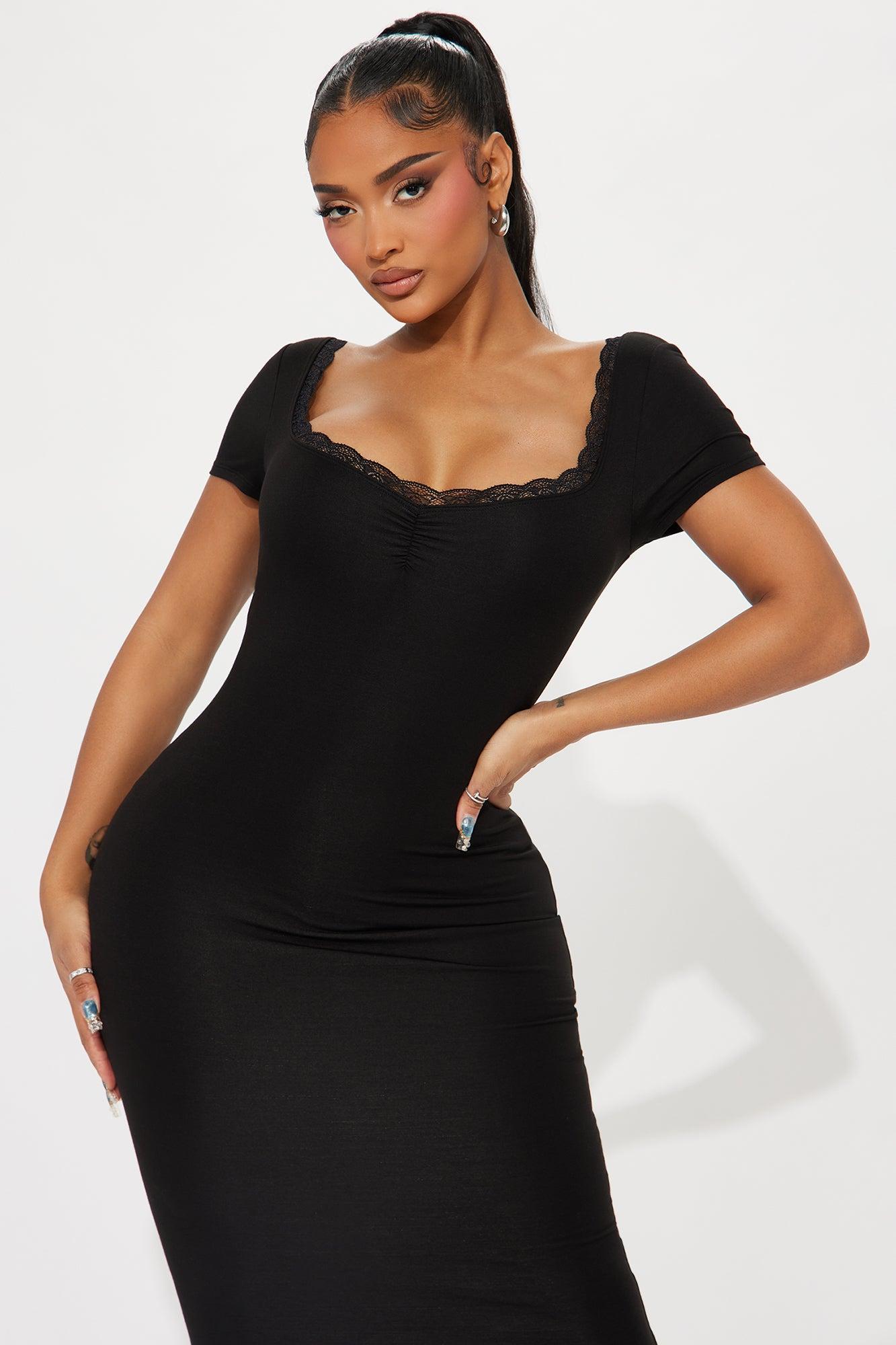 Soft Touch Lace Trim Midi Dress - Black Product Image