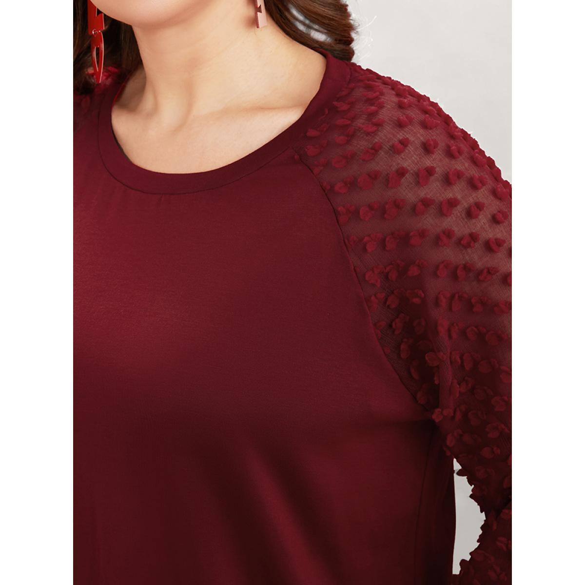 Plus Size Solid Mesh Patchwork Embroidered Round Neck Long Tee Scarlet Women Elegant See through Plain Round Neck Dailywear T-shirts BloomChic 18-20/2X Product Image