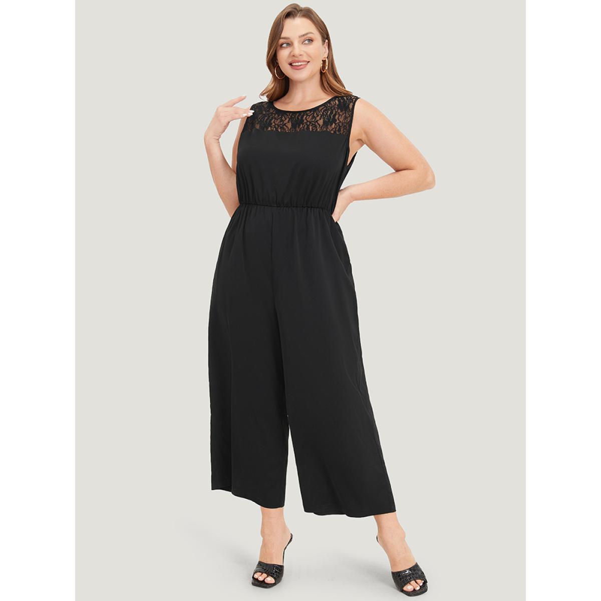 Plus Size Black Solid Lace Mesh Pocket Sleeveless Jumpsuit Women Elegant Sleeveless Round Neck Dailywear Loose Jumpsuits BloomChic 22-24/3X Product Image