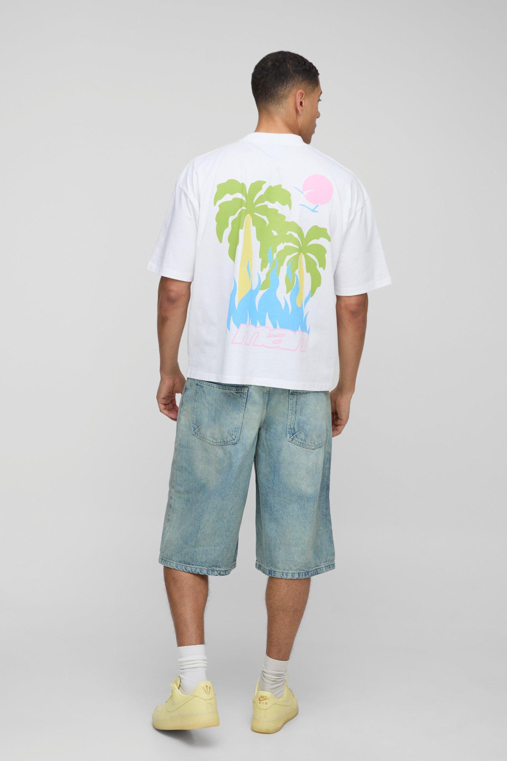 Oversized Extended Neck Man Multi Flame Palm T-Shirt | boohooMAN USA Product Image