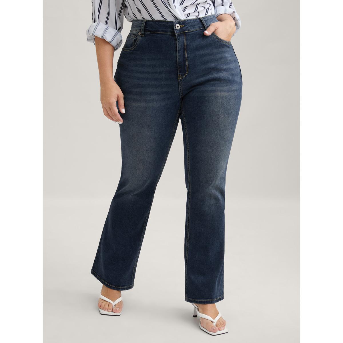 Plus Size Bootcut Very Stretchy Mid Rise Medium Wash Sculpt Waist Jeans Women Blue Elegant Plain Non High stretch Slanted pocket Jeans BloomChic 14/1X Product Image