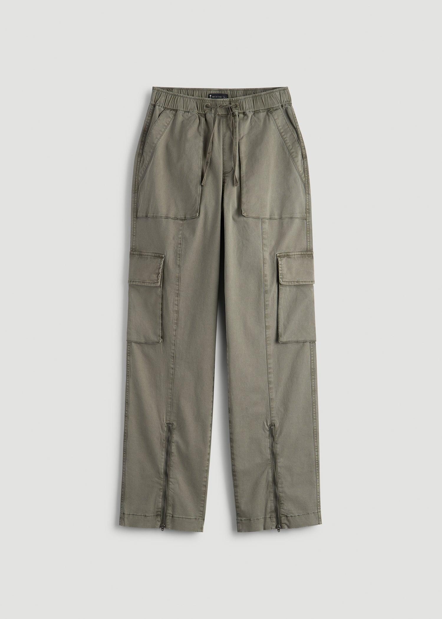 High Rise Garment Dyed Baggy Cargo Pants for Tall Women in Camper Green Product Image