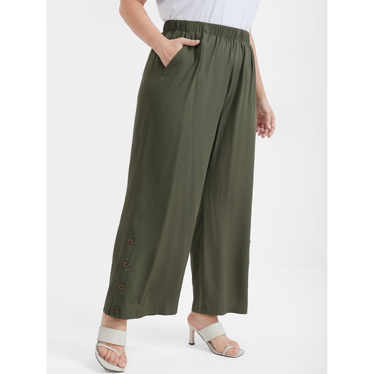 Plus Size Solid Button Elastic Waist Pocket Loose Pants Women ArmyGreen Elegant High Rise Dailywear Pants BloomChic 12/L Product Image