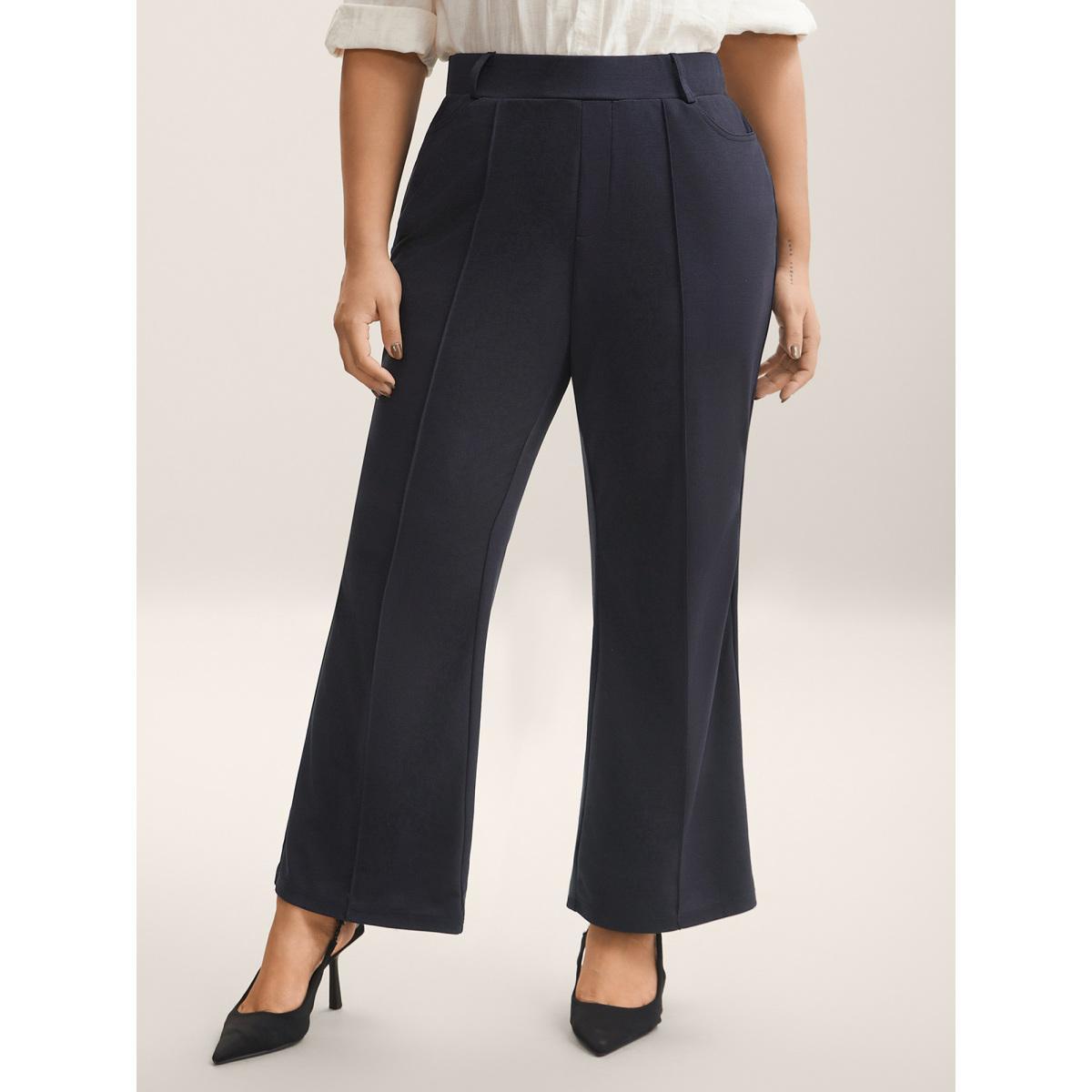 Plus Size Pockets Stretchy-Waist Plain Bootcut Pants Women Indigo At the Office Bootcut Mid Rise Work Pants BloomChic 30/6X Product Image