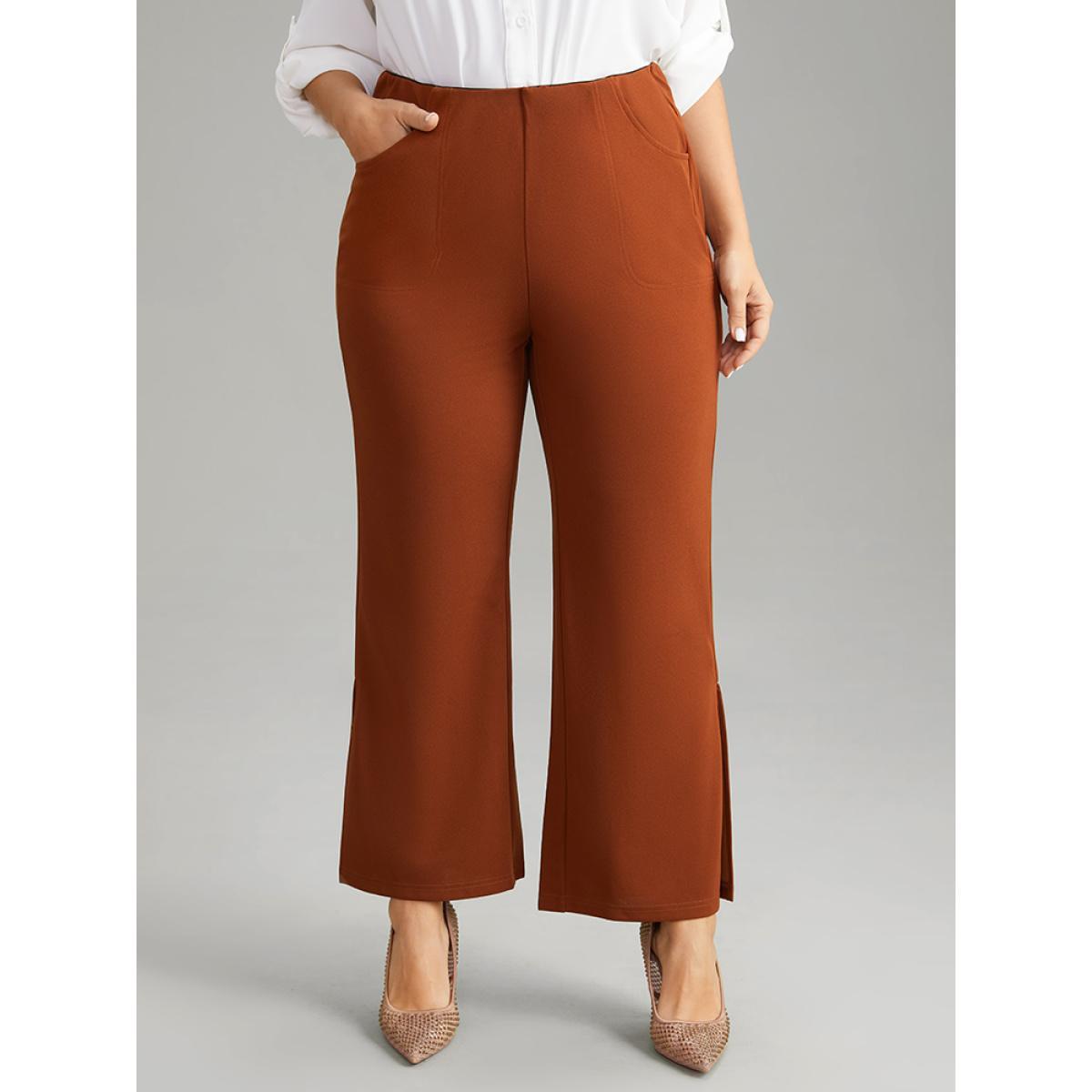 Plus Size Plain Split Side Pocket Pants Women Rust Elegant Flare Leg High Rise Dailywear Pants BloomChic 18-20/2X Product Image