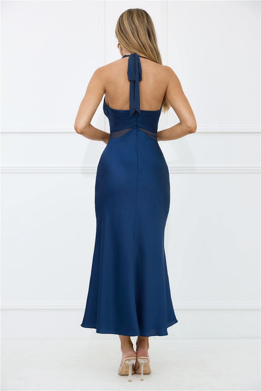 Nocturnal Bloom Satin Halter Maxi Dress Navy Product Image