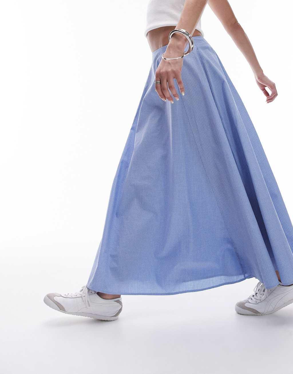Topshop midi cotton full skirt in blue micro plaid Product Image