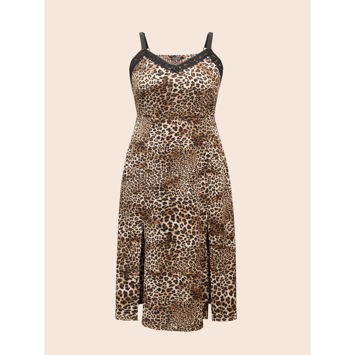 Plus Size Leopard Print Lace Patchwork Slit Hem Dress Multicolor Women Elegant Woven ribbon&lace trim V-neck Sleeveless Curvy BloomChic 22-24/3X Product Image