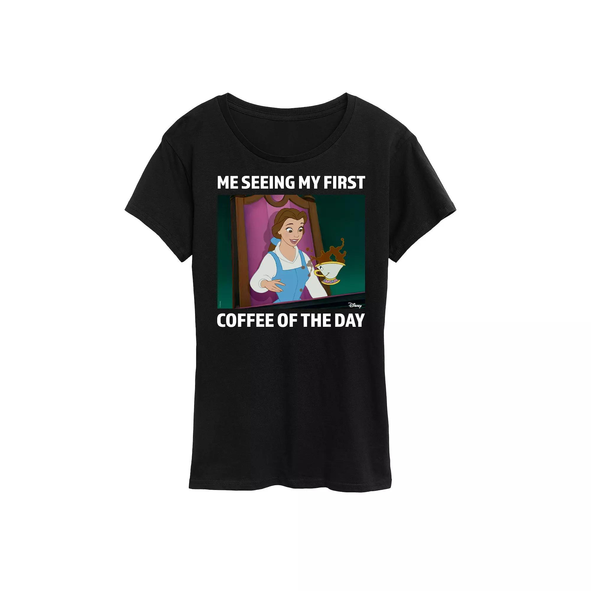 Disney Princess Belle Womens First Coffee Of The Day Meme Graphic Tee Product Image
