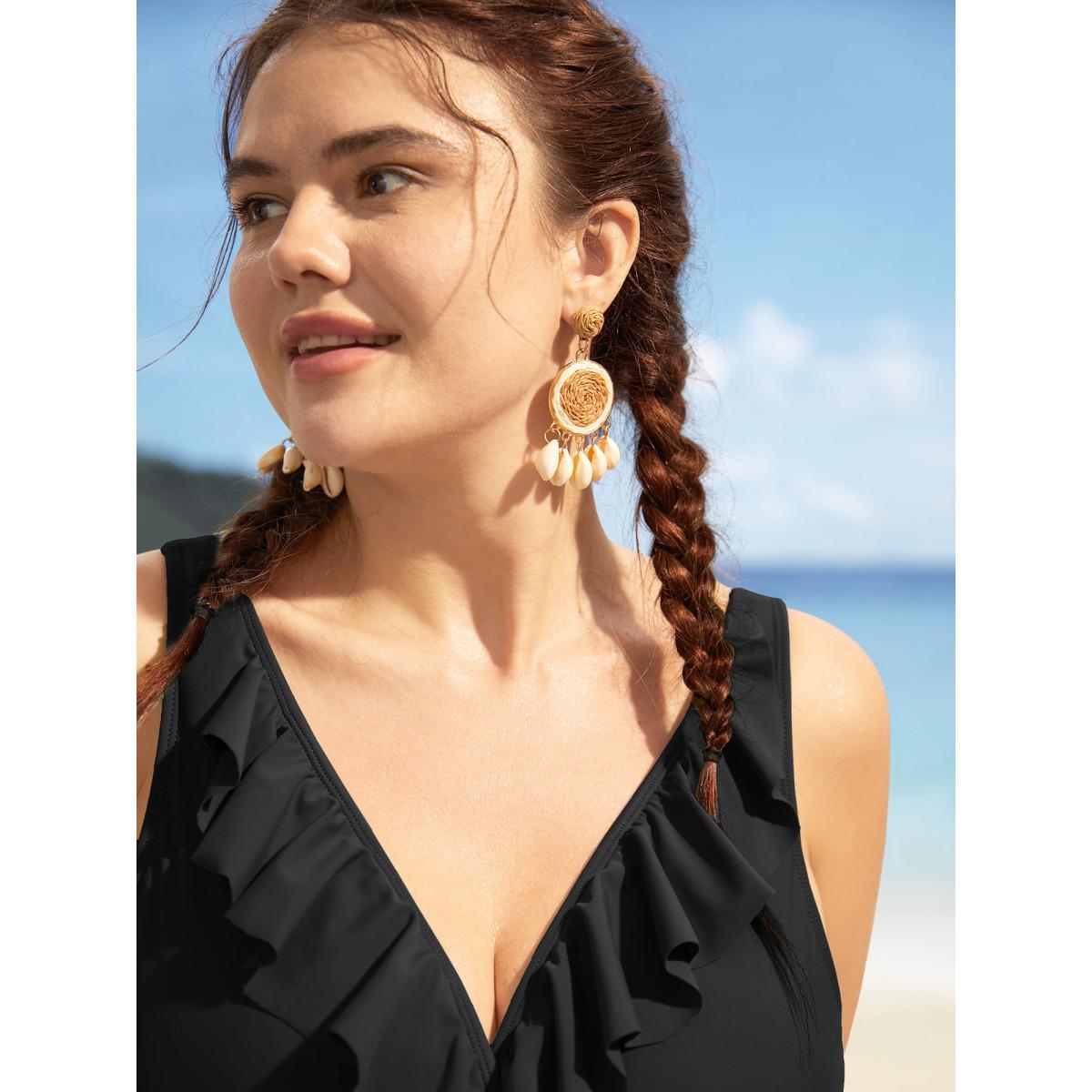 Plus Size Solid Ruffle Surplice Neck Trim Swim Top Women's Swimwear Black Beach Ruffles High stretch Skinny Overlap Collar Curve Swim Tops BloomChic 12/L Product Image