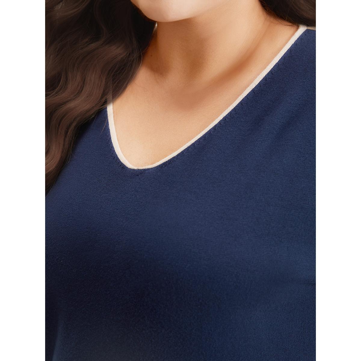 Plus Size Supersoft Essentials Contrast Trim Drop Shoulder Pullover Navy Women Casual Loose Long Sleeve V-neck Dailywear Pullovers BloomChic 12/L Product Image