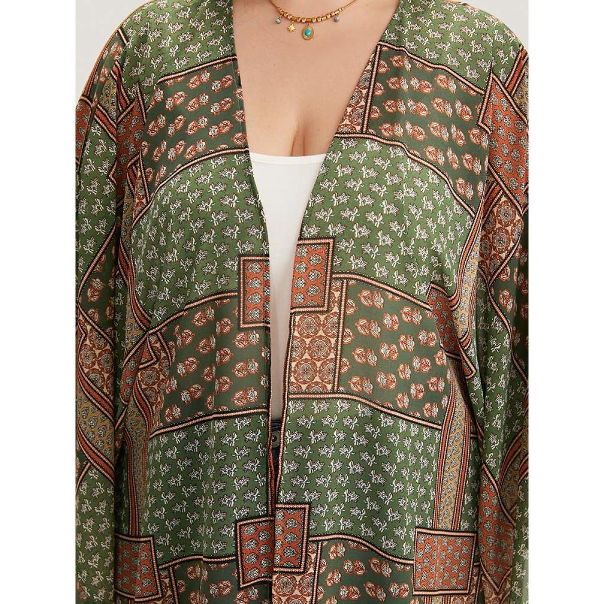 Plus Size Bandana Print Tassels Trim Asymmetrical Hem Kimono Women Moss Casual Drape Loose Dailywear Kimonos BloomChic 12/L Product Image