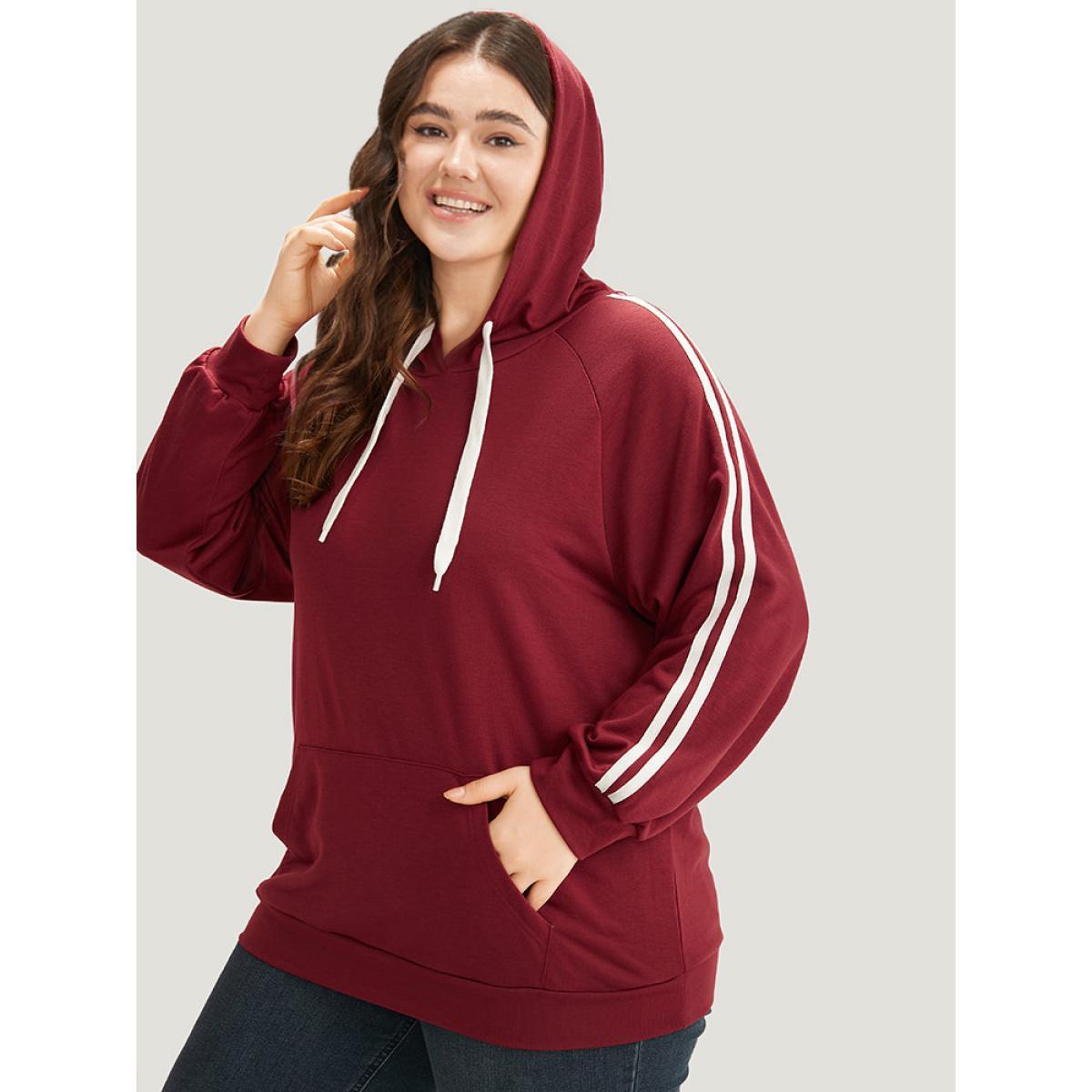 Plus Size Contrast Seam Detail Drawstring Pocket Hooded Raglan Sleeve Sweatshirt Women Red Casual Elastic cuffs Hooded Dailywear Sweatshirts BloomChic 10/M Product Image