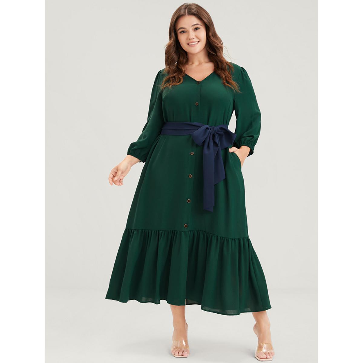 Plus Size Solid Lantern Sleeve Pocket Button Flutter Hem Contrast Belted Dress Green Women Casual Belted V-neck Elbow-length sleeve Curvy Long Dress BloomChic 30/6X Product Image