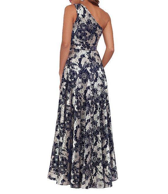 Betsy & Adam Metallic Floral One Shoulder Keyhole Sleeveless Gown Product Image