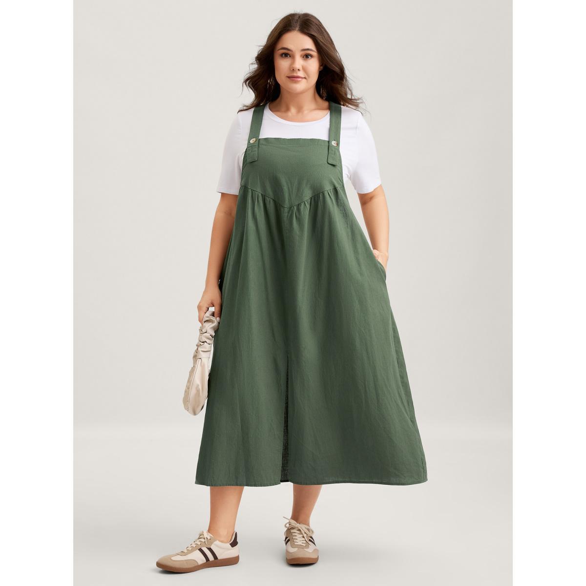 Plus Size Overall Straps Front Slit Pockets Midi Dress Emerald Women Square Neck Sleeveless Curvy BloomChic 22-24/3X Product Image