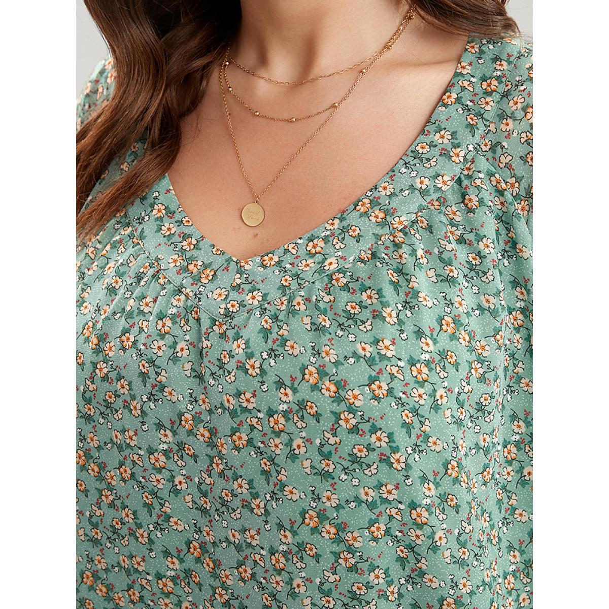 Plus Size Mint Ditsy Floral Lantern Sleeve V Neck Blouse Women Elegant Long Sleeve V-neck Dailywear Blouses BloomChic 10/M Product Image