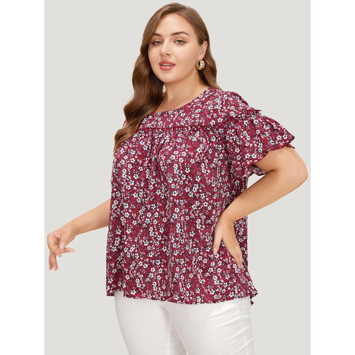 Plus Size Burgundy Ditsy Floral Frill Trim Gathered Ruffle Sleeve Blouse Women Elegant Short sleeve Round Neck Dailywear Blouses BloomChic 26/4X Product Image