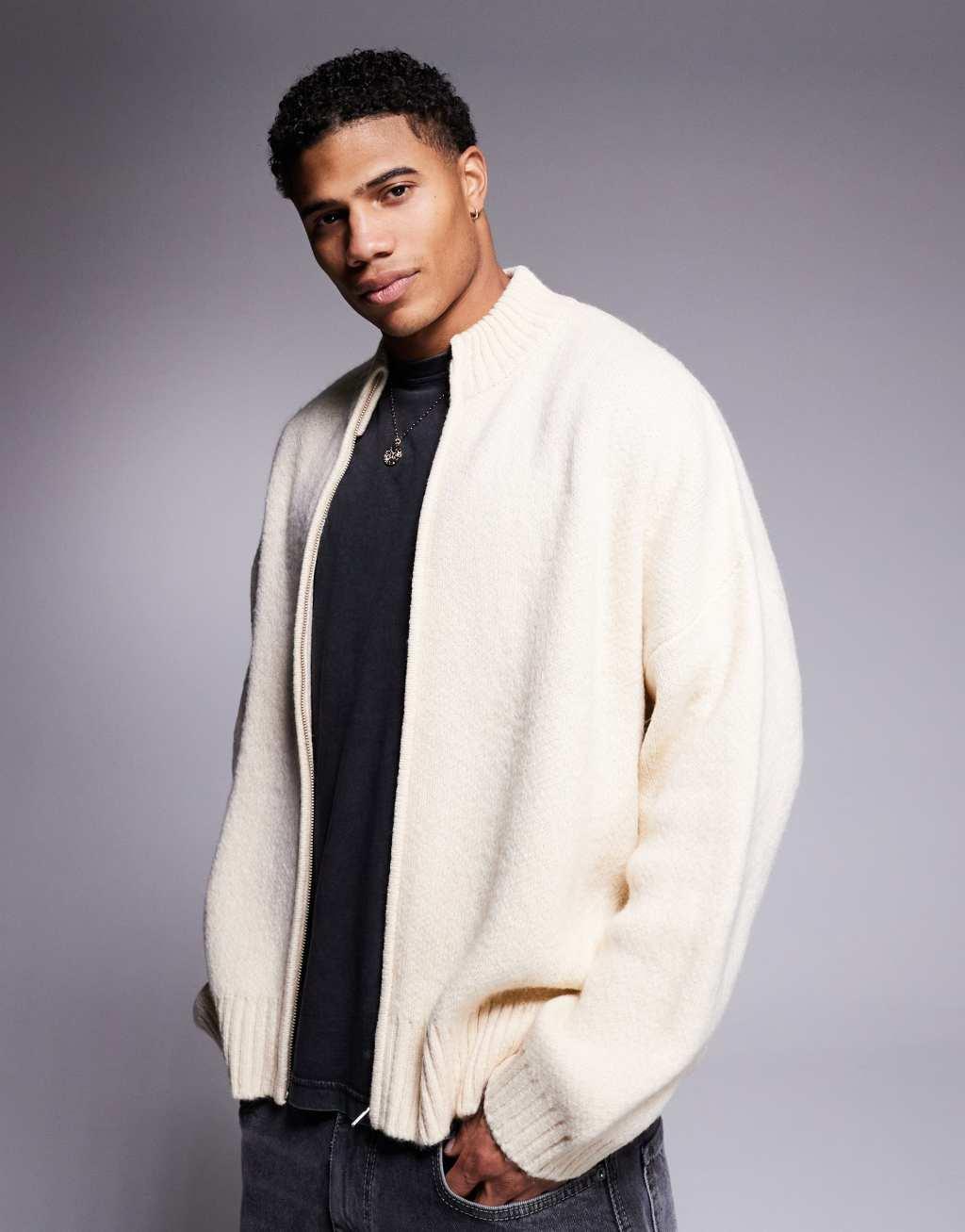 ASOS DESIGN super oversized boxy fit brushed knit zip through cardigan in oatmeal Product Image