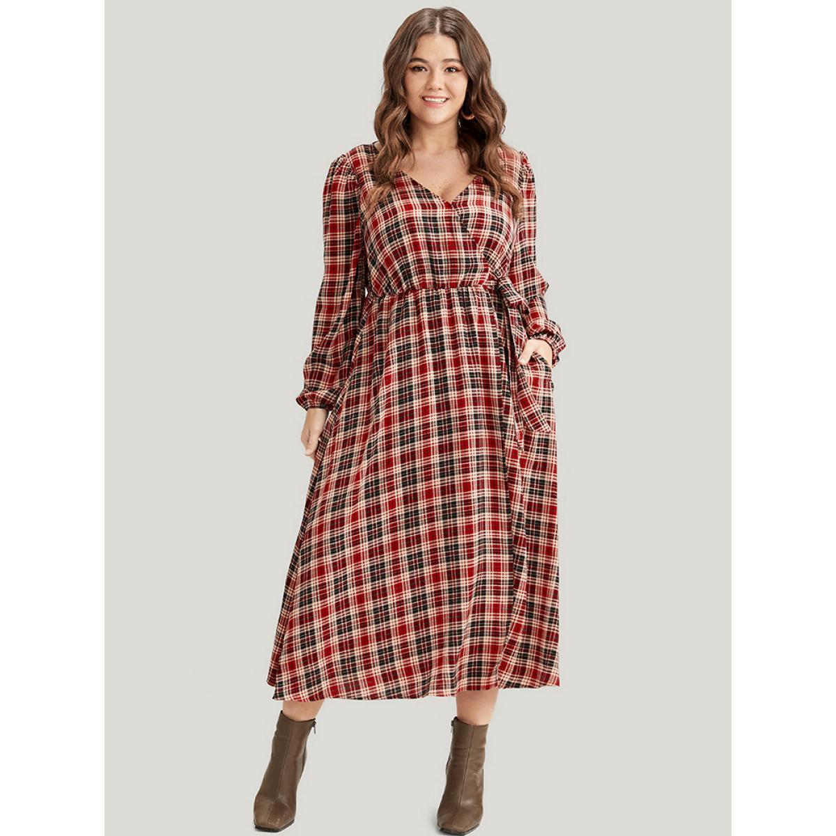 Plus Size Tartan Wrap Lantern Sleeve Pocket Knotted Split Dress Maroon Women Elegant Knotted V-neck Long Sleeve Curvy Midi Dress BloomChic 10/M Product Image