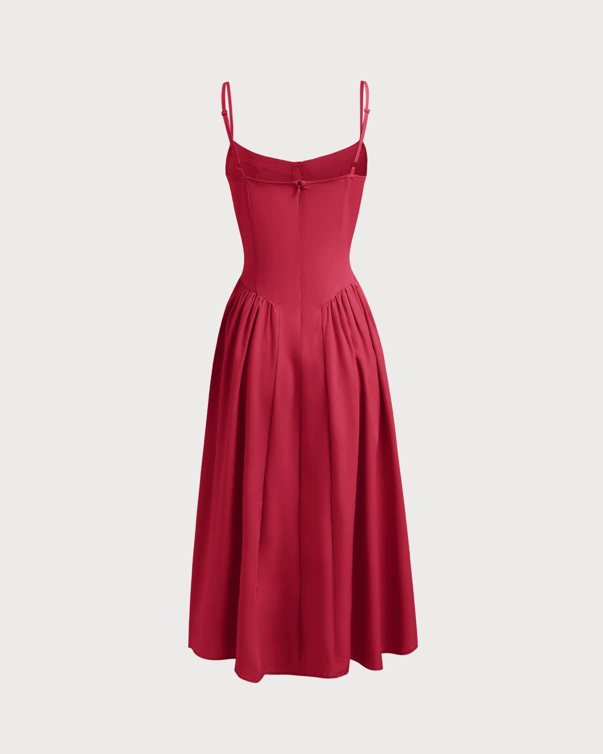 Red Square Neck Pocket Slip Midi Dress Product Image